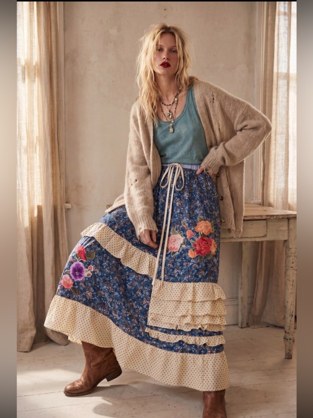Hand Crafted Floral Patchwork Maxi Skirt - Blue and Cream